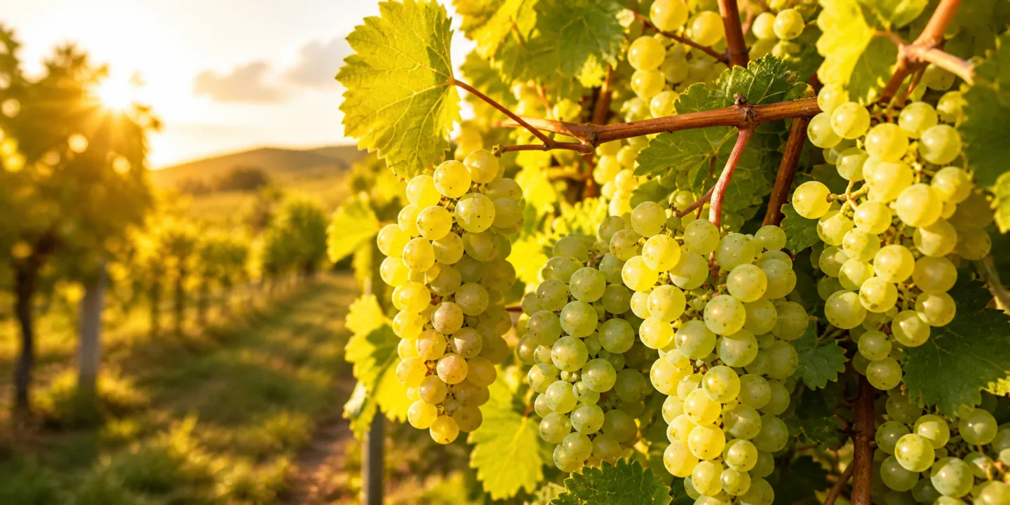 White grape clusters in a sunlit vineyard