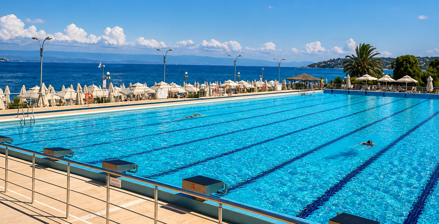 An outdoor swimming pool overlooking the sea in Büyükada