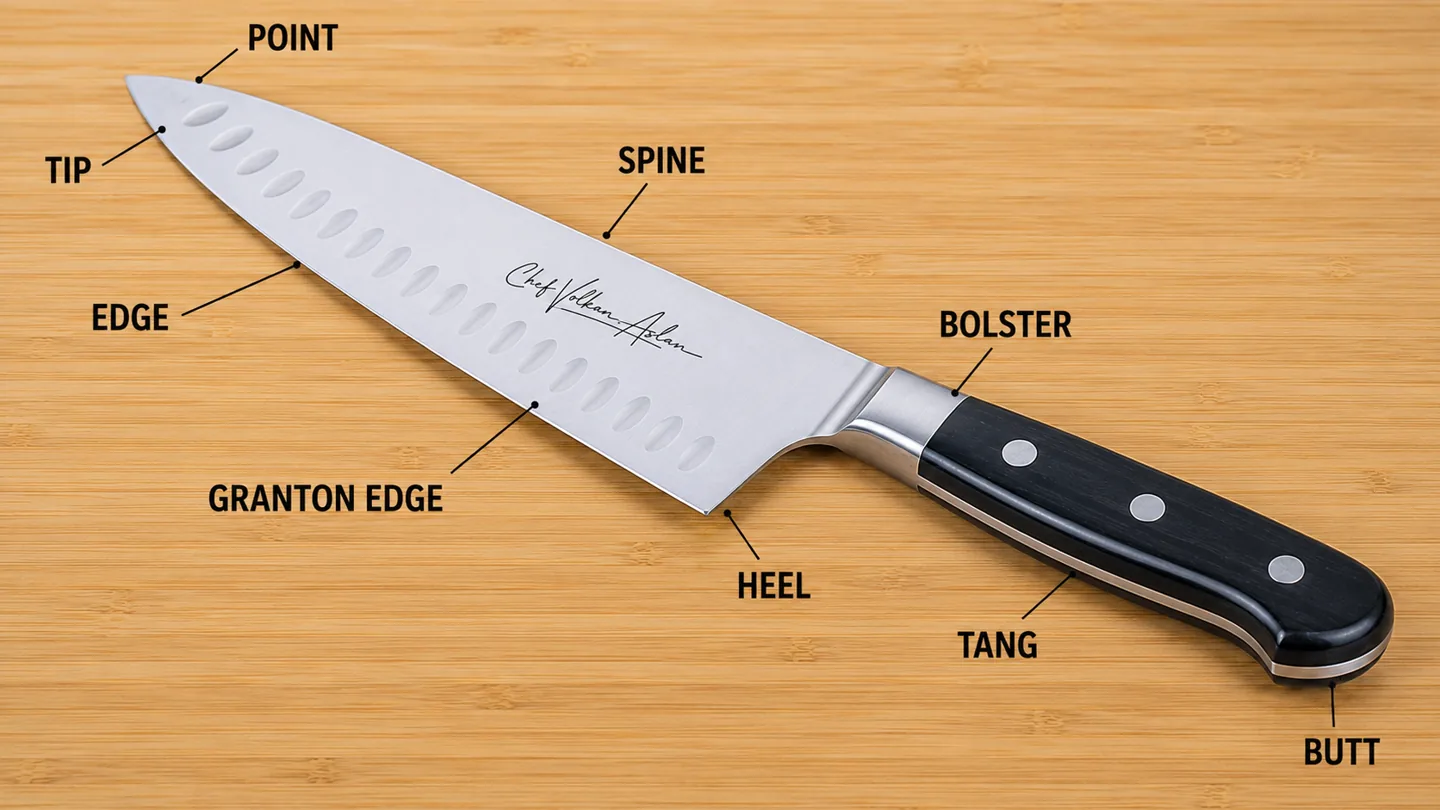 English diagram showing the blade, spine, heel and handle of a chef's knife
