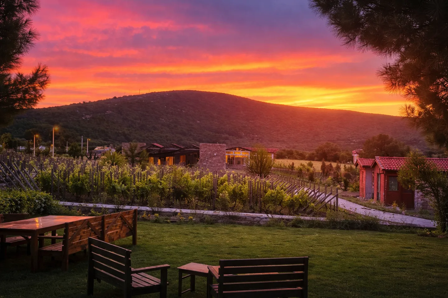 Sunset over the hills and garden tables at ION Village