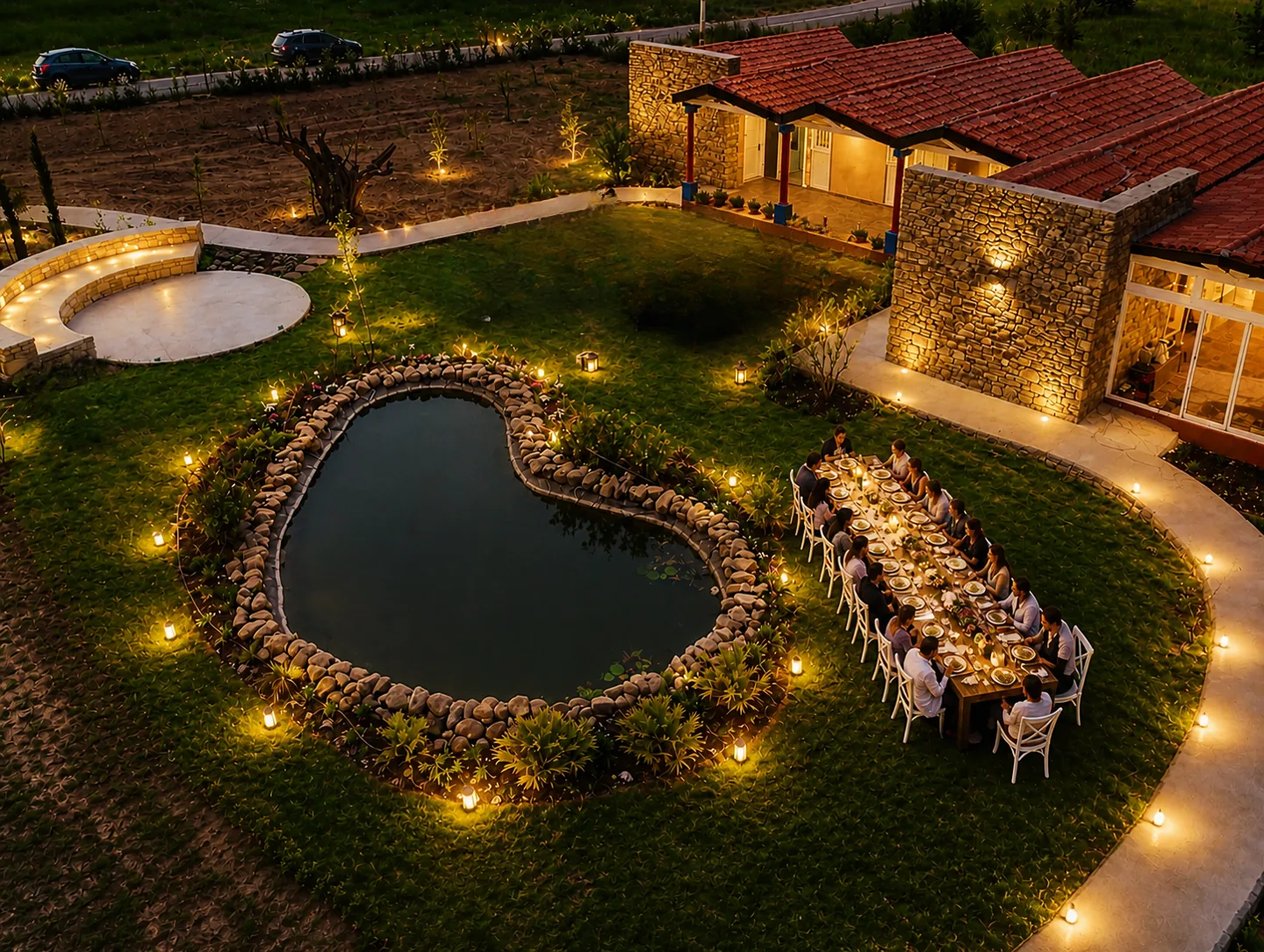 An illuminated evening dining table beside the heart-shaped lake at ION Village