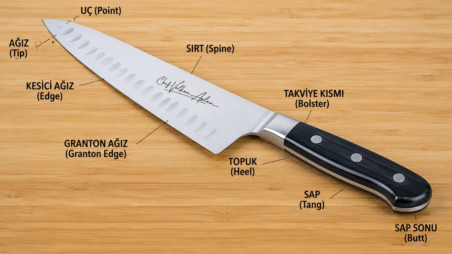 Şef bıçağının ağız, sırt, topuk ve sap bölümlerini gösteren Türkçe şema