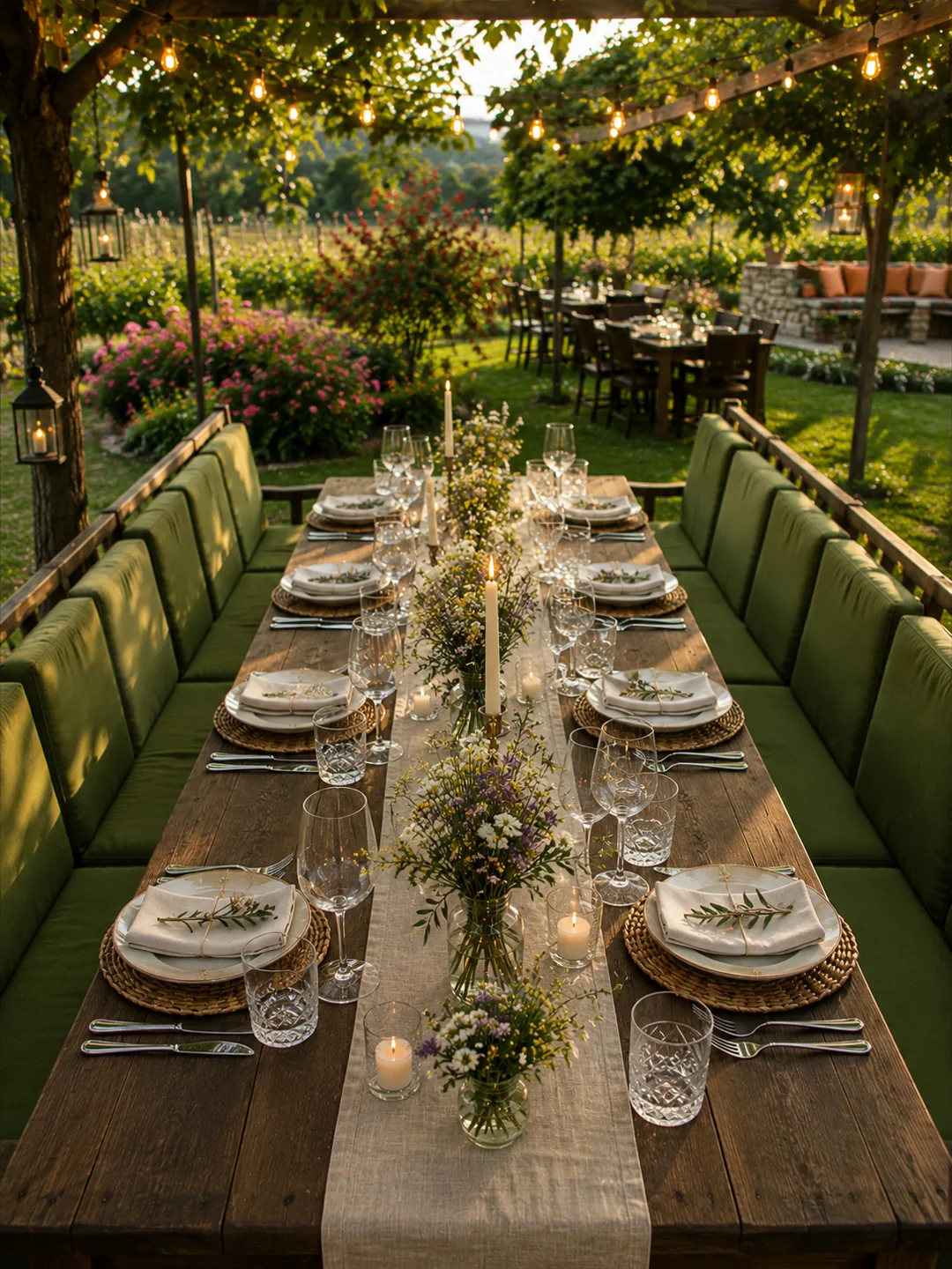 A dining table set with plates and glasses beneath the trees at ION Village